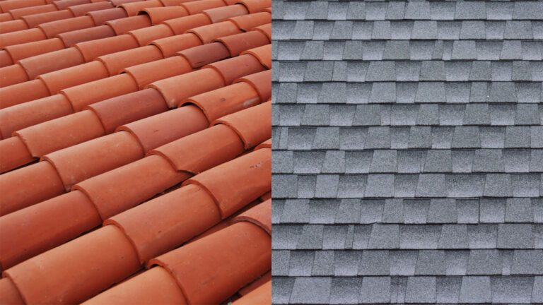 An image containing two pictures, one of a tile roof and the other of a shingle roof.