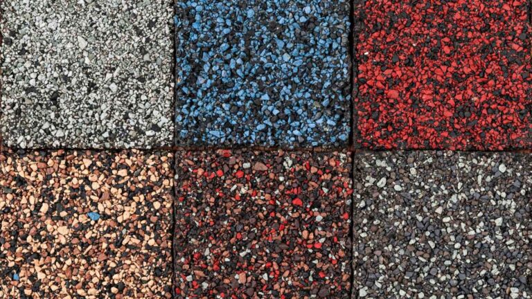 A selection of six different colors of roofing material.