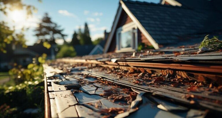 the top of a roof with leaves on it